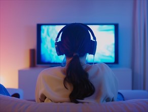 A woman with headphones is watching television in a room bathed in blue light, girl and TV, AI