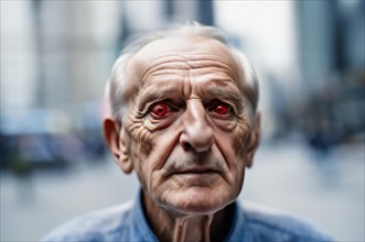 Old man with inflamed eyes, conjunctivitis and insomnia suffers from sore eyes, AI generated