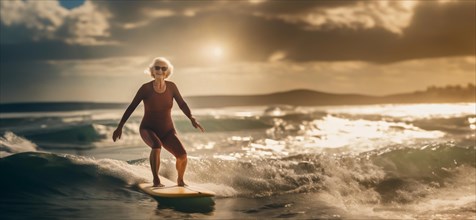 Old gray-haired happy woman surfing on the sea. Athletic old age, active lifestyle, AI generated