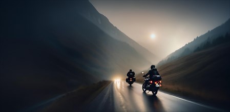 Two motorcyclist friends travel on motorcycles with panniers through the mountains at sunset, AI