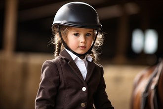 Young girl child in horse riding clothes in riding hall or stable. KI generiert, generiert AI