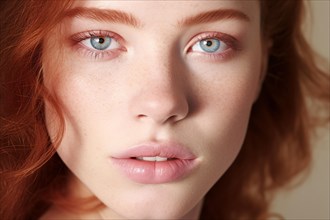 Face of young beautiful woman with red hair and blue eyes. KI generiert, generiert AI generated