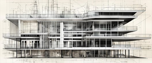 Black and white schematic of a modern multi-story building design, horizontal aspect ratio, off