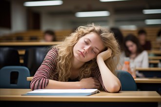 Young tired and overworked student at university falling asleep. Concpt for stress and being