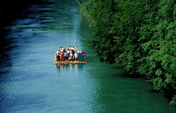 Party on a raft near Munich Bavaria Germany starting from Wolfratshausen, Munich, Bavaria, Germany,