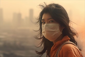 Asian woman covering mouth with medical face mask with blurry city covered in orange smog or