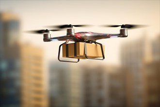 Drone carrying parcel in sky with blurry tall city buildings in background. KI generiert, generiert