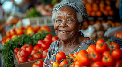 Elderly woman with a warm smile selling fresh tomatoes at a market stall, ai generated, AI