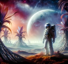 An astronaut stands in the fascinating alien landscape of an alien planet, symbolic image science