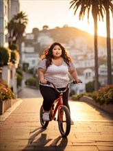 Plus size young female in a striped shirt rides a red bicycle in the city at sunset, with palm