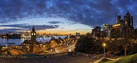 A panoramic picture above the Landungsbruecken in Hamburg with the Hamburg harbour in the