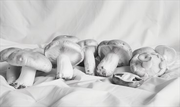 Black and white image of a group of mushrooms on a white background AI generated