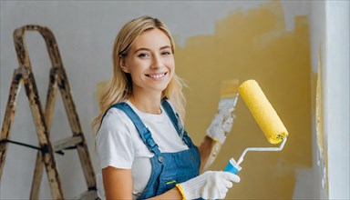 AI generated, woman, woman, a young girl paints a wall with new paint, yellow, yellow, renovation