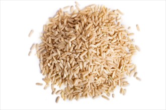 Pile of brown rice isolated on white background. Top view