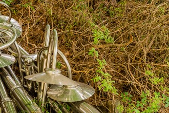 Discarded chrome plated lampposts laying on in dried vegetation on ground in South Korea