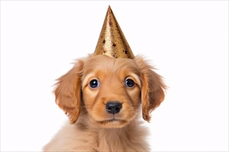 Puppy dog with golden party hat on white background. KI generiert, generiert AI generated