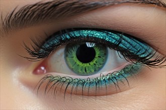 Close up of teal blue eyeshadow makeup. KI generiert, generiert AI generated