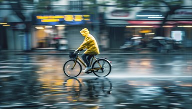 A cyclist in a yellow coat rides fast on an urban path wet from rain, AI generated, AI generated