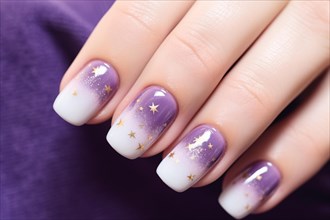 Woman's fingernails with purple and white nail art deisgn with golden stars. KI generiert,