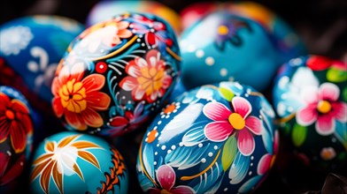 Vibrant, hand-painted Easter eggs adorned with intricate floral patterns, AI generated