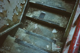 Mobile phone lying on stairs, AI generated