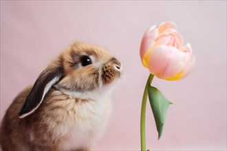 Bunny with floppy ears and spring flower. KI generiert, generiert AI generated