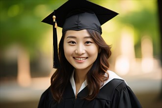 Smiling young woman with black graduation cap and robe. KI generiert, generiert AI generated