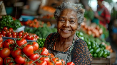 Smiling elderly vendor in an apron with fresh tomatoes at a busy marketplace, ai generated, AI