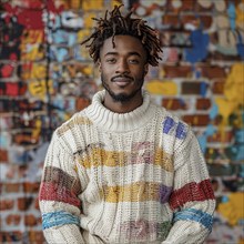 Portrait of a happy student standing in front of a colored background with a trendy sweater