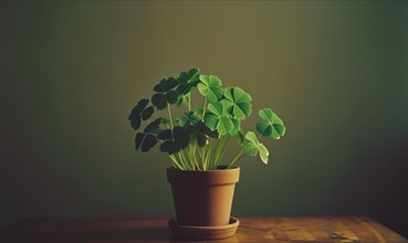 Four leaf clover plant in a pot on wooden table and green background. AI generated