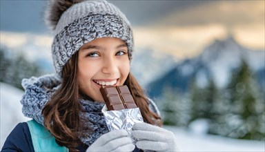 KI generated, Young girl, 15, years, eating a bar of chocolate, one person, outdoor shot, ice,