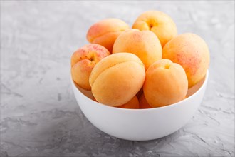 Fresh orange apricots in white bowl on gray concrete background. side view, close up, selective