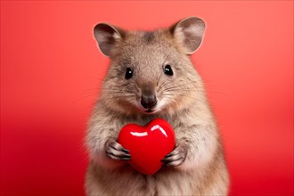 Quokka with red heart in front of studio background. KI generiert, generiert AI generated