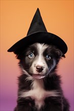 Dog with Halloween witch hat on orange background. KI generiert, generiert AI generated
