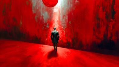 A painting painted in red and black, with a lonely man, dressed in a dark frock coat, walking along