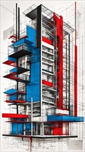 Architectural sketch of a modern high-rise with prominent red sections and blueprint details,