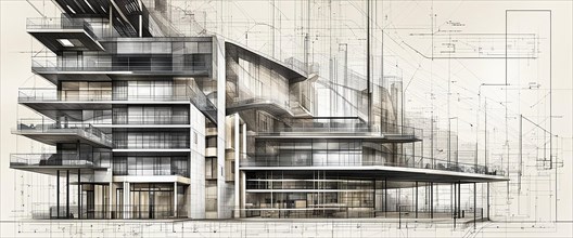 Architectural blueprint with a modern design concept in dark tones, horizontal aspect ratio, off