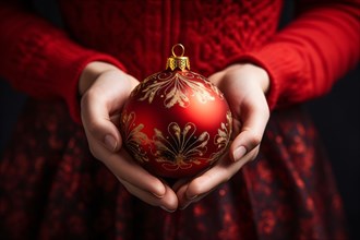Woman's hands holding red and golden Christmas tree bauble. KI generiert, generiert AI generated