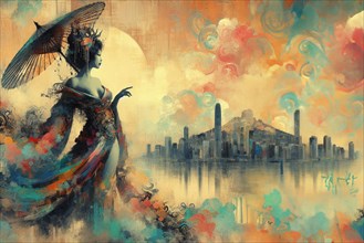 Ethereal art of asian enticing beautiful woman wearing sexy long dress, with a parasol against a