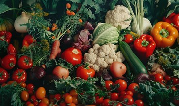 Variety of fresh vegetables background. Top view, flat lay AI generated