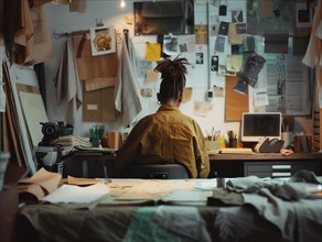 A person sits at a cluttered creative workspace facing a computer, surrounded by inspirational