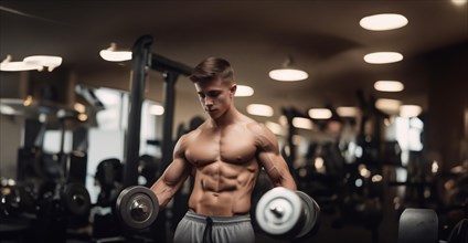 Young guy bodybuilder teenager in the gym, ideal male figure, AI generated