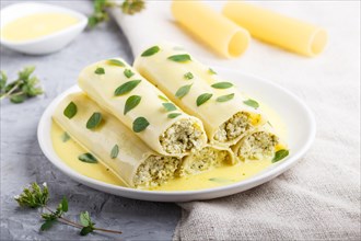 Cannelloni pasta with egg sauce, cream cheese and oregano leaves on a gray concrete background with