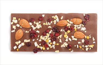 Milk chocolate bar with almonds and dried fruits isolated on white background. top view, flat lay