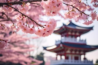 Pink Japanese Sakura cherry trees with flowers and blurry Asian temple in background. KI generiert,