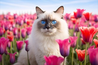 Ragdoll cat with blue eyes in field of pink tulip spring flowers. KI generiert, generiert AI