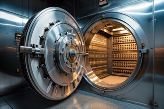 Open bank vault door, revealing a room filled with safety deposit boxes in safe depositary. The