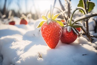 Close up of Strawberry fruit growing in agricultural field covered in snow. KI generiert, generiert