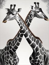 Two painted giraffes, partly coloured drawing in black and white, painting, AI generated, AI