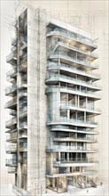 High-rise building sketch with intricate architectural blueprint overlay, vertical aspect ratio,